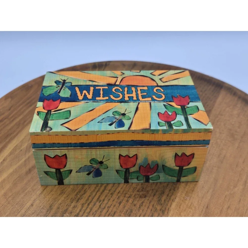 Stephanie Burgess Painted Peace Wood Trinket Box WISHES Butterflies Tulips 4.75